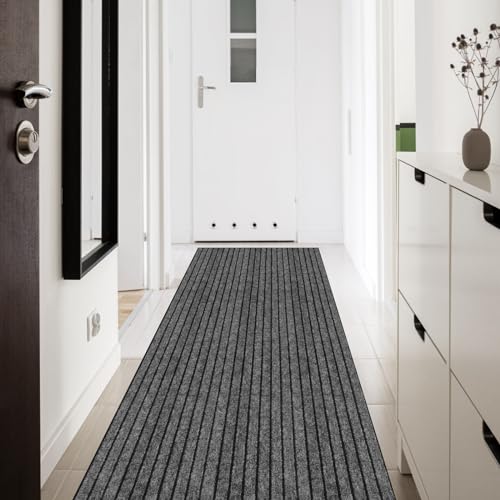 Runner Rug 2' x 6' Outdoor/Indoor, Rug with Natural Rubber Backing Non Slip for Hallway, Kitchen, Patio, Laundry, RV, Entryway, Garage, Bathroom, Area Rug Carpet, Grey Strip, Custom Size
