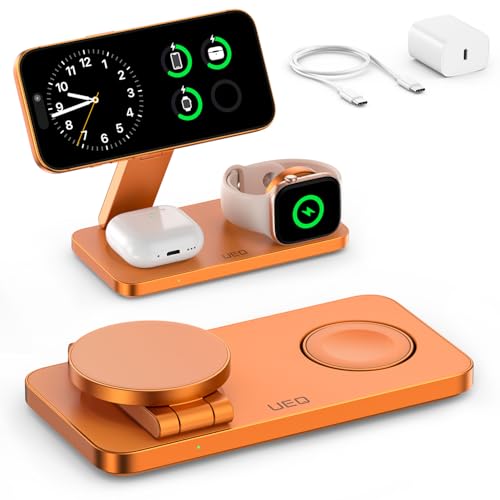 Image of UEQ Foldable 3 in 1 Wireless Charging Station for Apple Mag Safe Charger Stand,Fast Magnetic Wireless Charger Station for iPhone 17 Air 16 15 14 13 12 Series,Airpods Pro,Apple Watch Ultra (Orange)