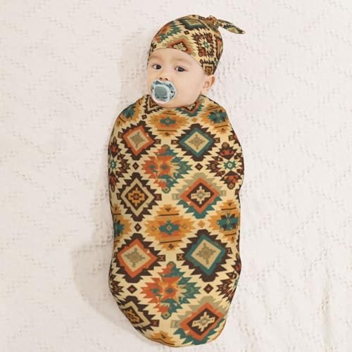 Image of Vintage Aztec Style Newborn Swaddle Blankets Hat Sets Soft Baby Receiving Blanket Swaddle Sack for Baby Shower Infant Boy Girl Gift
