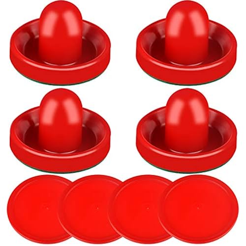 ONE250 Air Hockey Pushers and Red Air Hockey Pucks, Goal Handles Paddles Replacement Accessories for Game Tables (4 Striker, 4 Puck Pack)