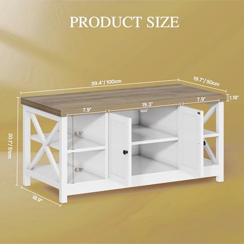 DWVO Coffee Table Rectangle Coffee Table with Storage, Farmhouse Coffee Tables for Living Room 2-Tier with Cabinet, Adjustable Shelf Modern Coffee Table Space Saving Small Tables, Grey Wash