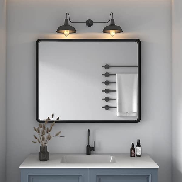 OKPAL 40X32 Inch Wall Mirror for Bathroom Black Metal Frame Decorative Rectangular Wall Mounted Home Decor Corner Hangs Farmhouse Mirror (Horizontal/Vertical)