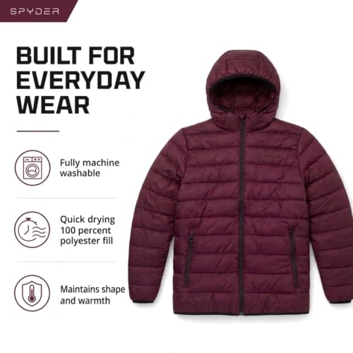 Image of Spyder Puffer Jacket Men - Packable Lightweight Quilted Hooded Winter Coat | Soft-touch insulation, packs into inner zip pocket, reversed coil zipper, zippered hand pockets