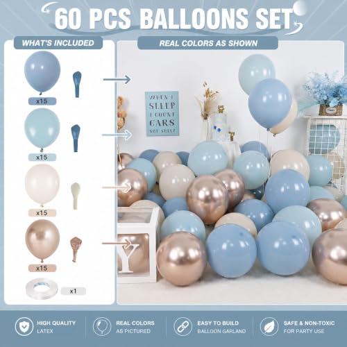 Image of HILAVO Dusty Blue and Gold Balloons, 60 PCS 12 Inch Slate Fog Pastel Baby Blue Sand White and Gold Balloons for Baby Boy Shower Bridal Shower Birthday Wedding Party Decorations
