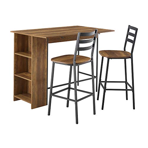 Walker Edison AZW48LNSB3PRO 3 Piece Drop Leaf Counter Table Dining Set with Storage, 48', Rustic Oak