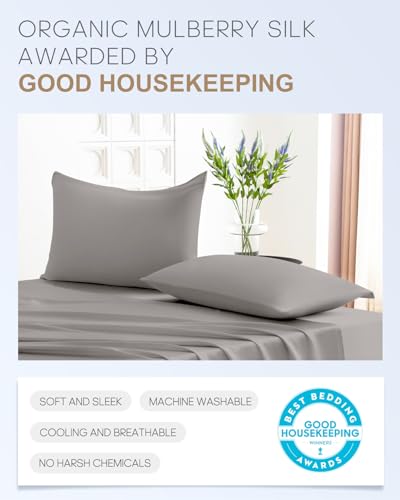 Image of THXSILK Set of 2 Silk Pillowcases for Hair and Skin, 22 Momme, 100% Mulberry Silk Bed Pillowcases with Hidden Zipper, Soft Breathable Smooth, King Pillow Case (Grey)