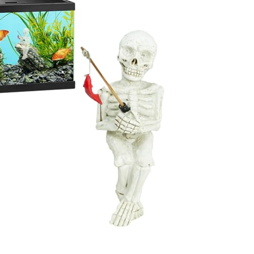 Decoración de esqueleto de pesca, estatua de esqueleto de pesca, lindo adorno de jardín con escultura de cráneo y pescador, Linda escultura de pescador con calavera para estanque de licores
