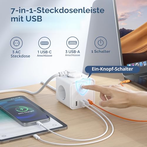 Steckdosenleiste, 7 in 1 Steckdosen mit USB, 3 Steckdosen, mit Schalter, 2 m, Steckdosenleiste mit USB, ideal für Wohnzimmer, Büro, Schlafzimmer 2