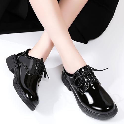 Image of OKJ Oxford Shoes for Women, Black Womens Oxford Shoes Leather Platform Women's Oxfords Comfortable Dressy Slip On, Lace Up Loafers Casual Work Business Dress Office Oxfords Shoes