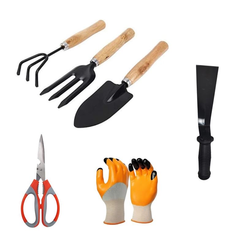 Image of 6 in 1 Gardening Tool Set - Trowel, Fork, Cultivator, Khurpi, Pruner & Gloves with Wooden Handle for Digging, Planting, Weeding & Pruning