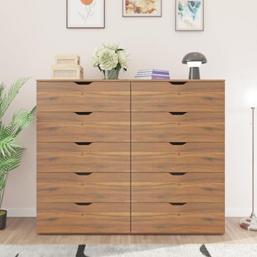 Image of VIKI Dresser | Chest of Drawer Unit,Sovana Chest of 10 Drawers,Clothes Storage, Organizer Unit for Bedroom, Hallway, Easy Pull Drawers, (Brussel Walnut -44D x 160W x 132H) | 1 Year Warranty