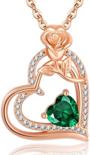 Collier Femme Argent 925 Collier or Rose Coeur Fleur Pierre de Naissance Pendentif Bijoux Femme Idee Cadeau Anniversaire Fete des Meres Noel Saint Valentin Cadeau Maman Fille Amie