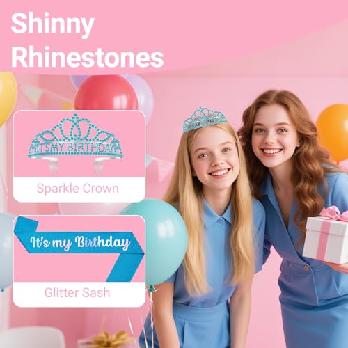 Birthday Tiara and Crown with Sash, Birthday Tiara for Women Party Blue
