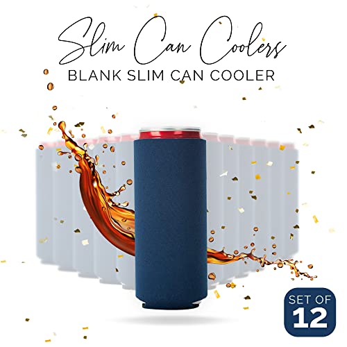 Image of Slim Can Cooler Sleeve 12 Pack - Blank Neoprene Insulated Can Coolers for 12 oz Skinny Beer & Soda Cans - Sublimation Ready Drink Sleeves for Heat Press, Custom Printing & Party Favors (Navy Blue)