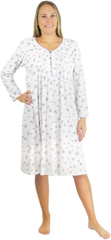 LA CERA Women's White Lilac Floral Print Cotton Knit Nightgown - 100% Cotton, Long Sleeves, Round Neck, Pleated Front
