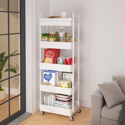 Image of Calmootey 5-Tier Utility Cart with Drawer & Wheels, Storage for Home,Office | Space-Saving Organizer, Sturdy Plastic Shelves, Smooth-Rolling Metal Wheels, Built-in Drawer for Small Items, White