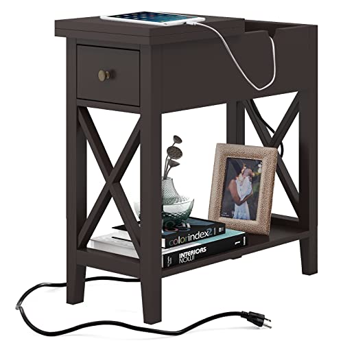 ChooChoo End Table with Flip Top and Charging Station, Narrow Side Table with Storage Cabinet and USB, Skinny Sofa Table with Power Outlet for Living Room Bedroom, Espresso