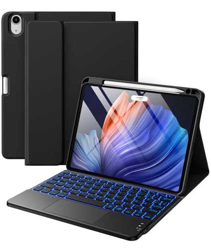 Vobafe Hülle mit Tastatur für iPad Air 11 Zoll (2025 M3/2024 M2), iPad Air 5 4 2022/2020 10,9 Zoll, Mutil-Touch Trackpad 7 Farben Beleuchtete Abnehmbare Keyboard Schutzhülle mit Stifthalter, Schwarz