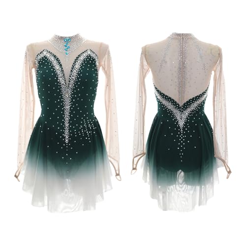 Vestido De Patinaje Artístico De Manga Larga For Niña, Traje De Competición Con Brillantes Diamantes De Imitación.(3XS)