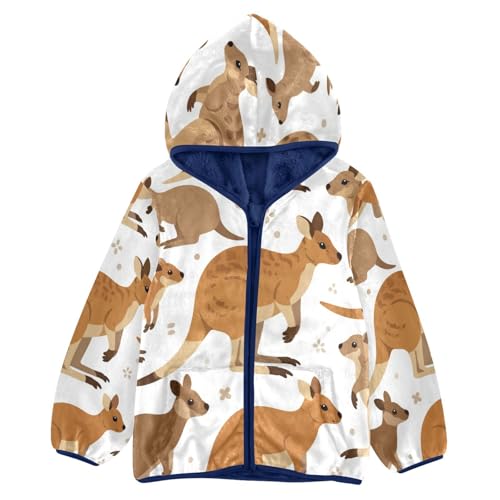 Kangaroo Pattern Print on Fabric Toddler Fleece Jacket Girl Boys Hooded Fleece Jacket Coat Warm Outwear Zip-up 3-10T