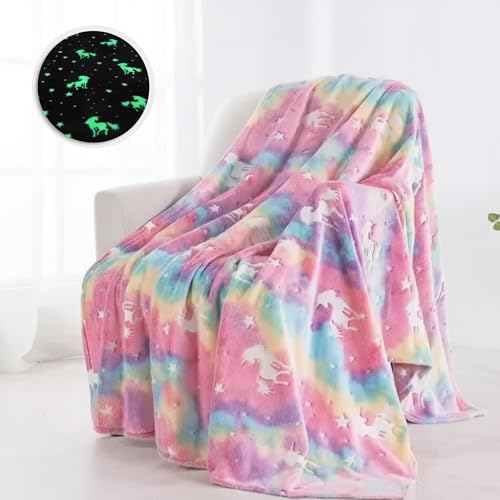 Image of Glow-in-the-Dark Enchanted Rainbow Unicorn Blanket for Kids-Super Soft Rainbow Pink Fleece Throw, 150x200 cm Unisex Glow Blanket,Magical Winter Bedtime Gift that Glows Beautifully At Night | Super Soft Rainbow Pink Fleece Throw, 150x200 cm, Unisex, Magical Winter Bedtime Gift, Glows Beautifully At Night