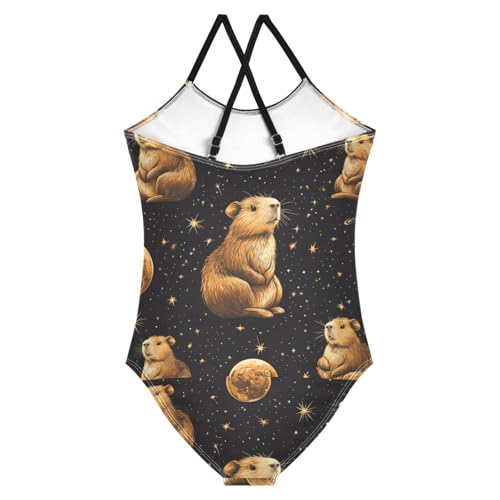 Pigsaly Girls One Piece Swimsuits Capybara in Space Kids Cross Back Swimwear Toddler Beach Sport Bathing Suit 3T2