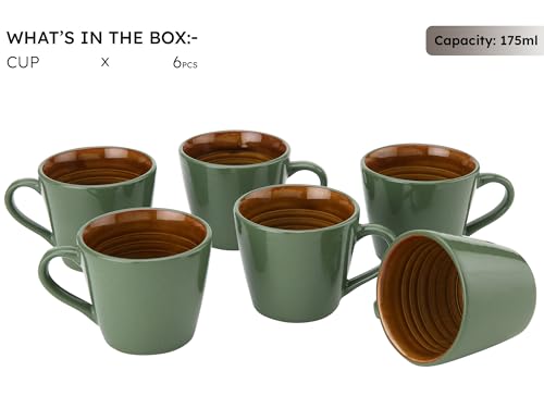 Image of Bodhi House Handcrafted Ceramic Tea Cup Set of 6 Pieces (175 Ml), Stoneware Coffee Mug, Microwave Safe Small Tea Cup, Glossy Finish, Ideal for Daily use, Casual Gatherings and Gifting, Forest Green