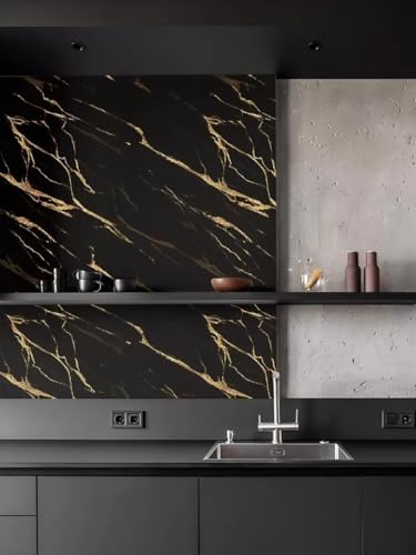 Image of Black Marble Self Adhesive Wallpaper, Gold Vein Design, Peel and Stick Vinyl Contact Paper for Kitchen Countertop, Cabinet & Wall Covering (60 x 200 cm)