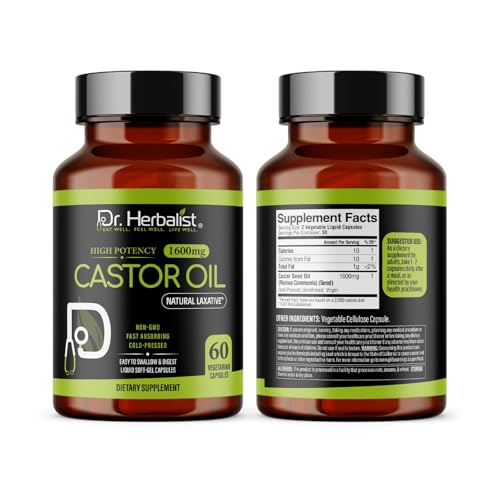 Image of Dr. HERBALIST Castor Oil Capsules 1600mg - Cold Pressed Ricinus Communis Softgels | Supports Digestive Wellness & Hair Skin Vitality* | Halal, Non-GMO, Vegan | 60ct