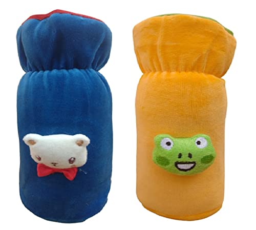 Image of Bottle Covers for Wide Neck /Broad Neck Soft Plush Stretchable Baby Feeding Bottle Cover with Strap for 250, 260, 330 ml Feeders (Multi Colour) Pack of 2 Yellow-Blue.