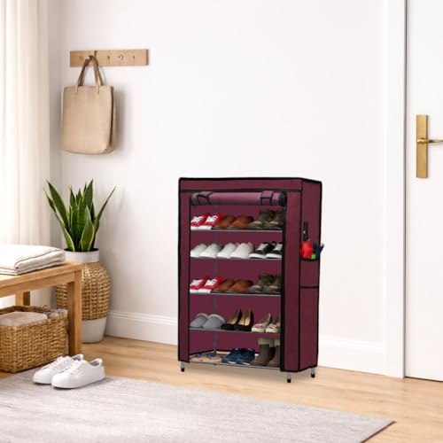 Image of Metal Shoe Stand with Cover, 5 Tier Shoe Organizer for Home & Office - Maroon