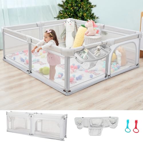 Image of Baby Playpen Foldable 79x59 Playpen for Babies and Toddlers, Adjustable Play Pen for Toddlers 1-3 Baby Fence Baby Play Yards for Indoor & Outdoor Baby Gate Playpen with Packing Bag, Light Grey