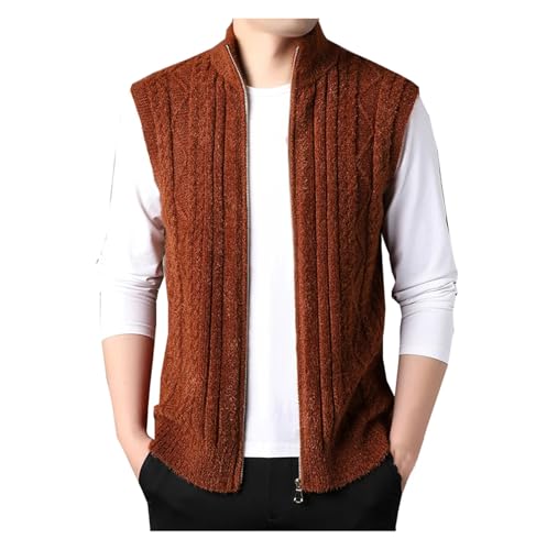 Men's Sleeveless Sweater Vest Solid V-Neck Thick Zipper Cable Knitted Cardigan Vest
