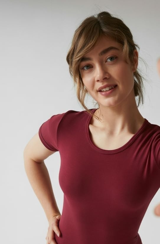 Image of SIGHTBOMB Round Neck Short sleeve Bodysuit, SOFTLINE, CUDDLE Tummy Shapewear, ACTIVE WEAR /CASUAL WEAR, SNAP Button Closure, Microfiber Swimsuit Bodysuit for Women