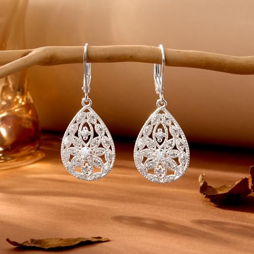 925 Sterling Silver Teardrop Dangle Earrings for Women Cubic Zirconia Leverback Filigree Drop Dangle Earrings Jewelry Hypoallergenic Silver Teardrop Filigree Earring for Gifts4