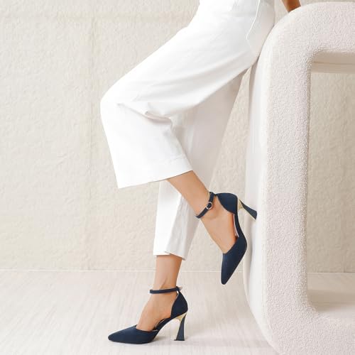 Image of RIBONGZ Comfortable Kitten Heels for Women Pointed Closed Toe Ankle Strap Buckle Heels Slip on Low Heel Church Pumps Wedding Bridal Party Dressy Shoes