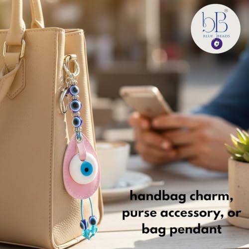 Image of BLUE BEADS Original Blue and White Evil Eye Stone With Pink colour Leather Keychain For Bike /Car Gifting With Key Ring (Pack of 1)