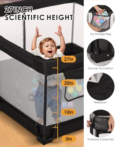 Image of Veraste Foldable Baby Playpen, 51 inchx51 inch Indoor & Outdoor Play Yard with Single-Joint Frame, Breathable Mesh, Non-Slip Base, Portable Playpen for Toddlers and Infants (Black)