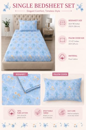 Image of Amazon Brand - Umi Soft Cotton 160 TC Single Bedsheet Set 60X90 Inch | Single Bed Sheet with Pillow Cover 17x27 | Trendy Elegant Design