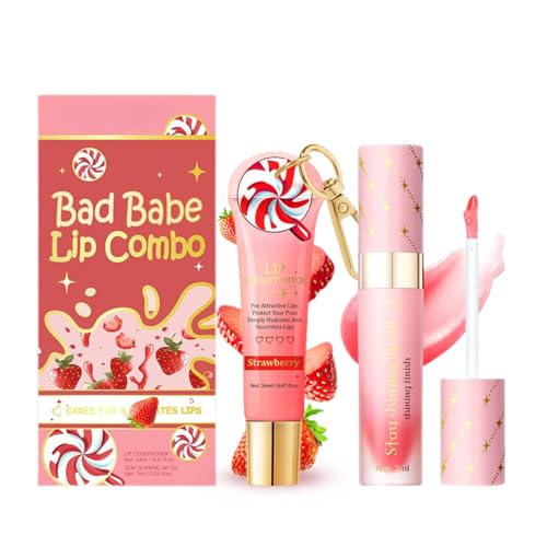 Erdbeere Lippenbalsam & Lip Oil,2Pcs Lippenpflege Set,Lipgloss Mädchen,Lippenpflege für Sehr Trockene Lippen,Glänzende Lippen,Christmas Geschenke für Teenager Mädchen,Frauen Geschenkset Weihnachten