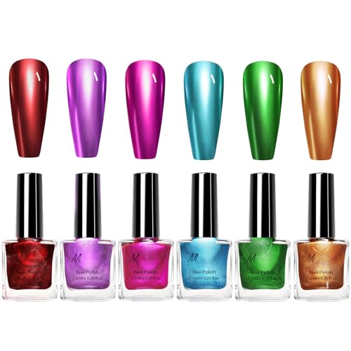 Image of 6 Colors Metallic Nail Polish Set, Nail Varnish Quick Dry, Mirror Chrome Nail Polish Including Red Purple Pink Blue Green Orange, Long Lasting No UV Lamp Needed Nail Varnish Sets For Women Manicure