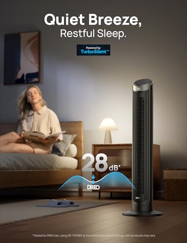 Image of DREO Smart Tower Fan for Bedroom, 90 Oscillating 40 inch Standing Fan, 26ft /s High-Speed 5 Speeds 4 Modes, Quiet Room Floor Fans, Touch /Remote /APP & Voice Control, Work with Alexa, 12H Timer, Silver
