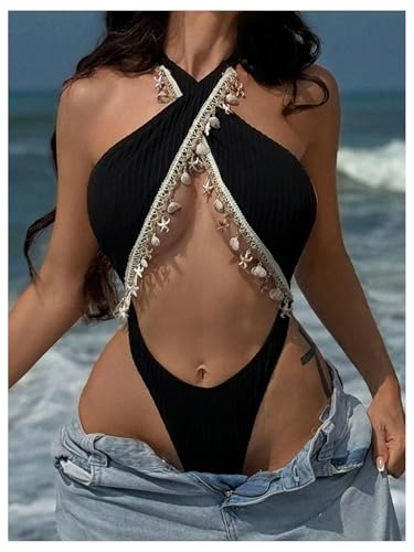 SOLY HUX Women's One Piece Swimsuits Halter Criss Cross Shell Fringe High Cut Bathing Suit Beachwear2