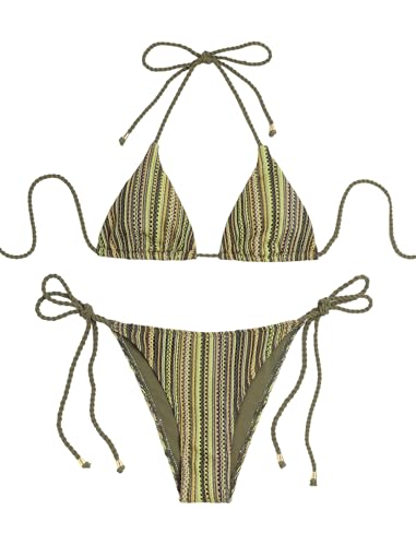 Image of ZAFUL 2 Piece Triangle Bikini for Women Knitted Rope Halter Bikini Sets Sexy Bathing Suit Side Tie Swimsuits Beachwear