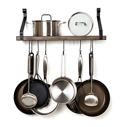 Soduku Pot Pan Rack With Solid Wood Shelf, Wall Mounted Multifunctional Kitchen Hanging Organizer With 8 Hooks For Pots Pans Lids Utensils Cookware Brown #TOP2