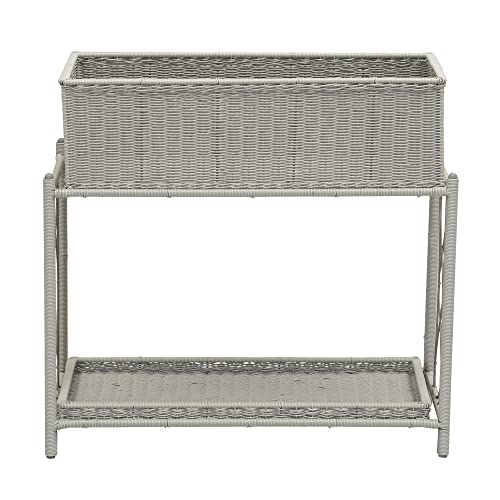 Household Essentials Raised Two Tier Plant Stand With Two Interchangeable Shelves, Gray Resin Woven Planter And Tray With Decorative Wire Frame, Great Indoors Or Outdoors For Plants Or Other Storage #TOP5