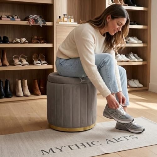 Image of Superior Round Storage Ottoman Stool 13 X 13X 16 inch, with Gold Metal Base | Elegant Pouffe with Secret Storage | Cushioned Footrest for Living Room, Bedroom, and Lounge Grey