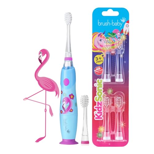 Brush-Baby - Flamingo KidzSonic Kids Electric Toothbrush, 3+ Years - DeepClean Bristles, Suction Base - Fun Design with Flashing Disco Lights - with 4 x Replacement Heads & 1 x AAA Batteries