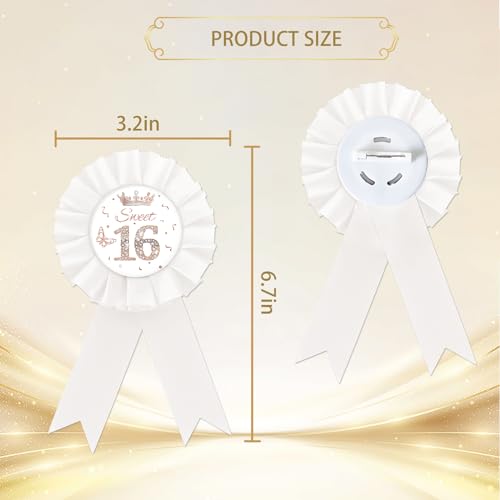 Sweet 16 Tinplate Badge Pin, Sweet Sixteen Button Pin, Rose Gold Crown Happy Birthday White Rosette Badge Pin for Girl, Diamond Brooch Buttons for 16th Birthday Party3