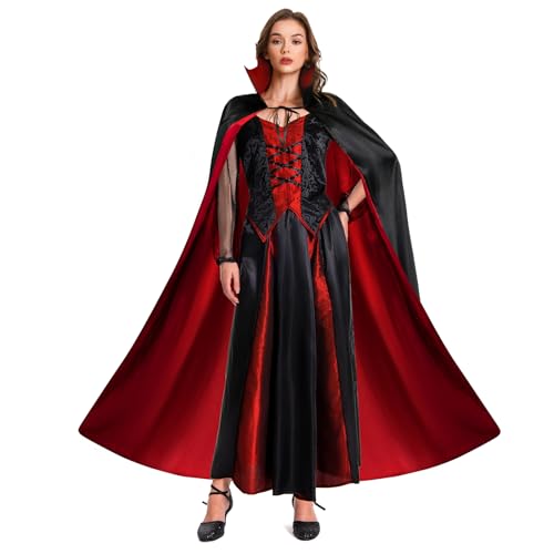 Gothic Adult Vampire Halloween Costumes for Women with Cloak Cape Scary Costume Set Female Vampiress Costume Outfit Lace Sleeves Dress Up Party Cosplay Shirt Skirt